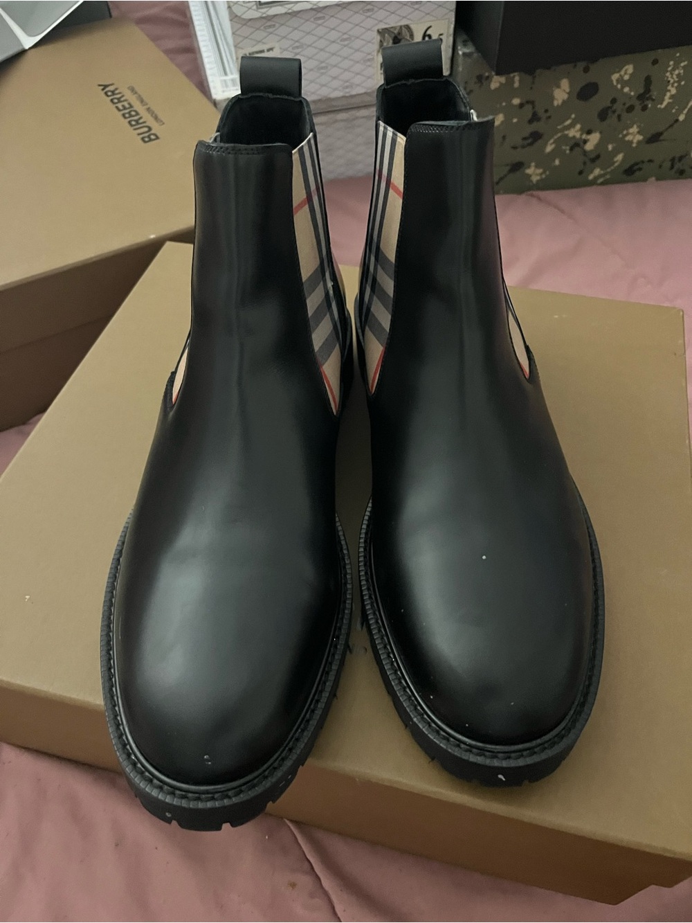 Burberry Black Leather Chukka Boots with Signature Check Panels